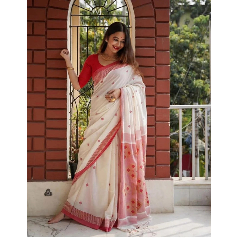 Women's Soft Lilan Printed Saree With Unstitched Blouse 5.5Mtr (White)