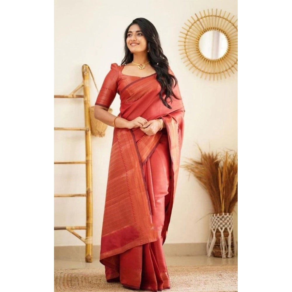 Women's Litchi silk Printed Saree With Unstitched Blouse (Red)