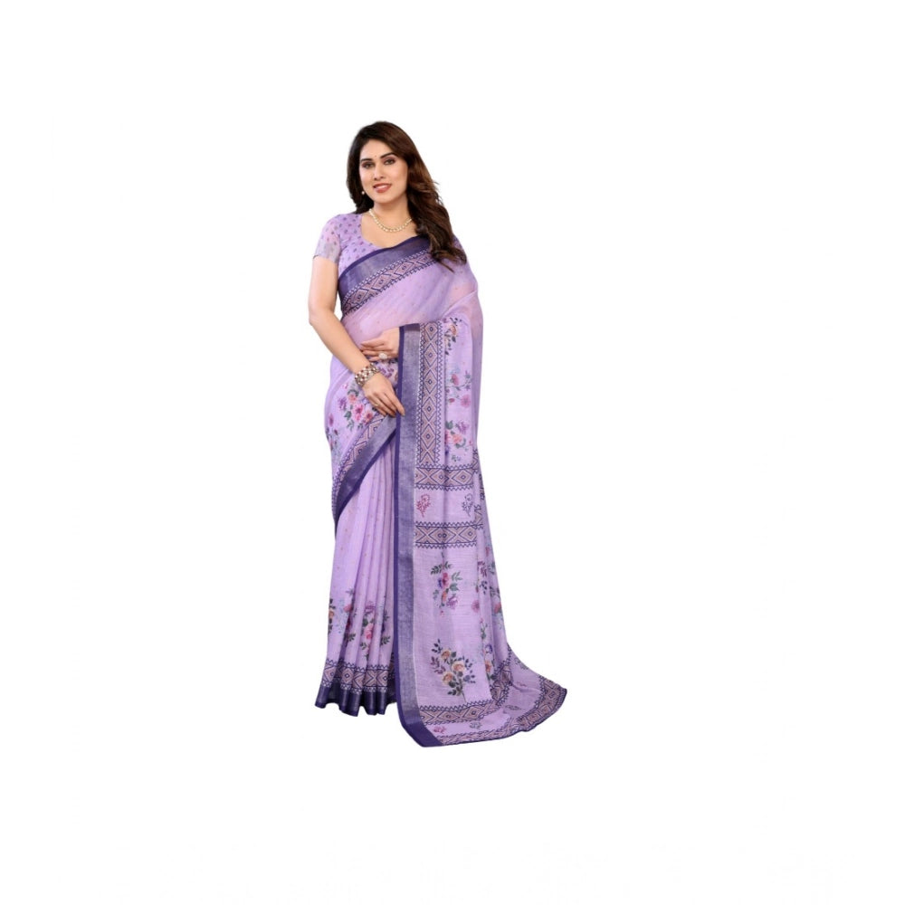 Women's Linen Cotton Printed Saree With Unstitched Blouse 5.5Mtr (Purple)