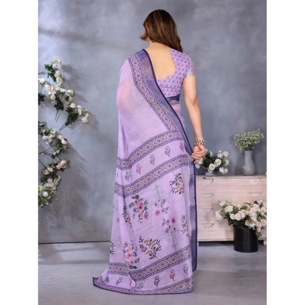 Women's Linen Cotton Printed Saree With Unstitched Blouse 5.5Mtr (Purple)