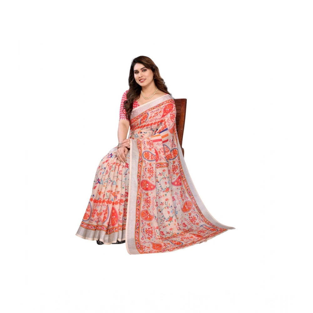 Women's Linen Cotton Printed Saree With Unstitched Blouse 5.5Mtr (Orange )