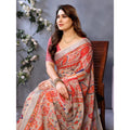 Women's Linen Cotton Printed Saree With Unstitched Blouse 5.5Mtr (Orange )