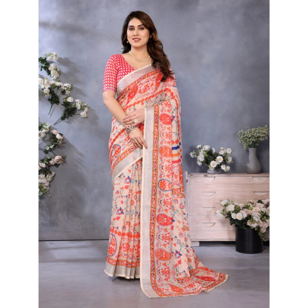 Women's Linen Cotton Printed Saree With Unstitched Blouse 5.5Mtr (Orange )